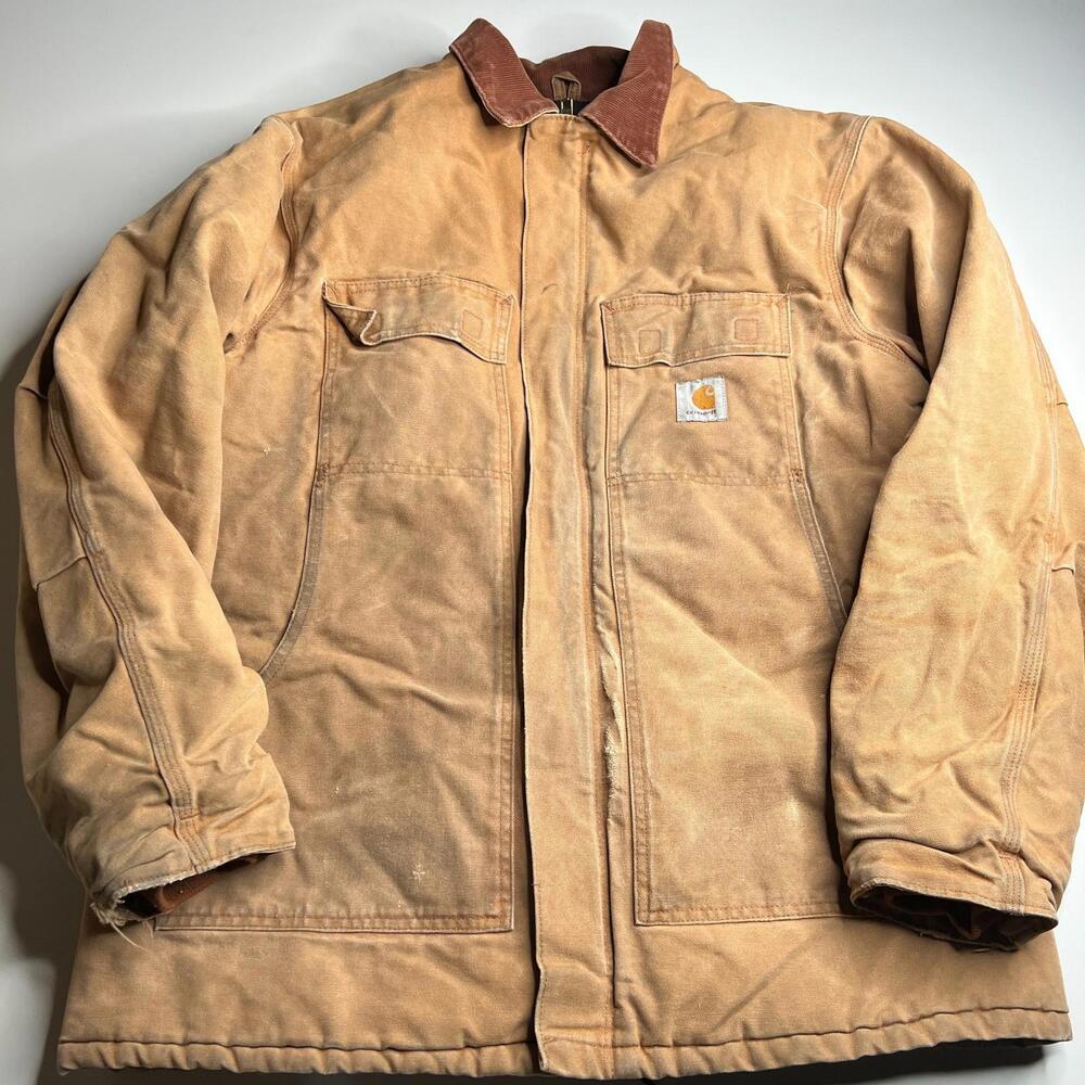Carhartt Tan‎ Duck Chore Jacket XL Workwear Distressed Corduroy Collar Vintage